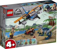 LEGO Jurassic World Velociraptor biplane rescue in action, ideal for imaginative pretend play.