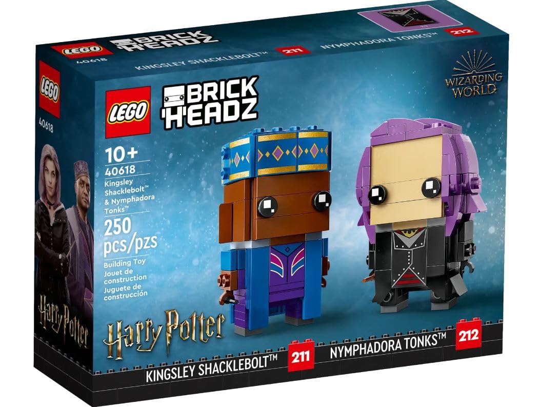 LEGO Kingsley Shacklebolt and Tonks BrickHeadz face-detail for display and collection