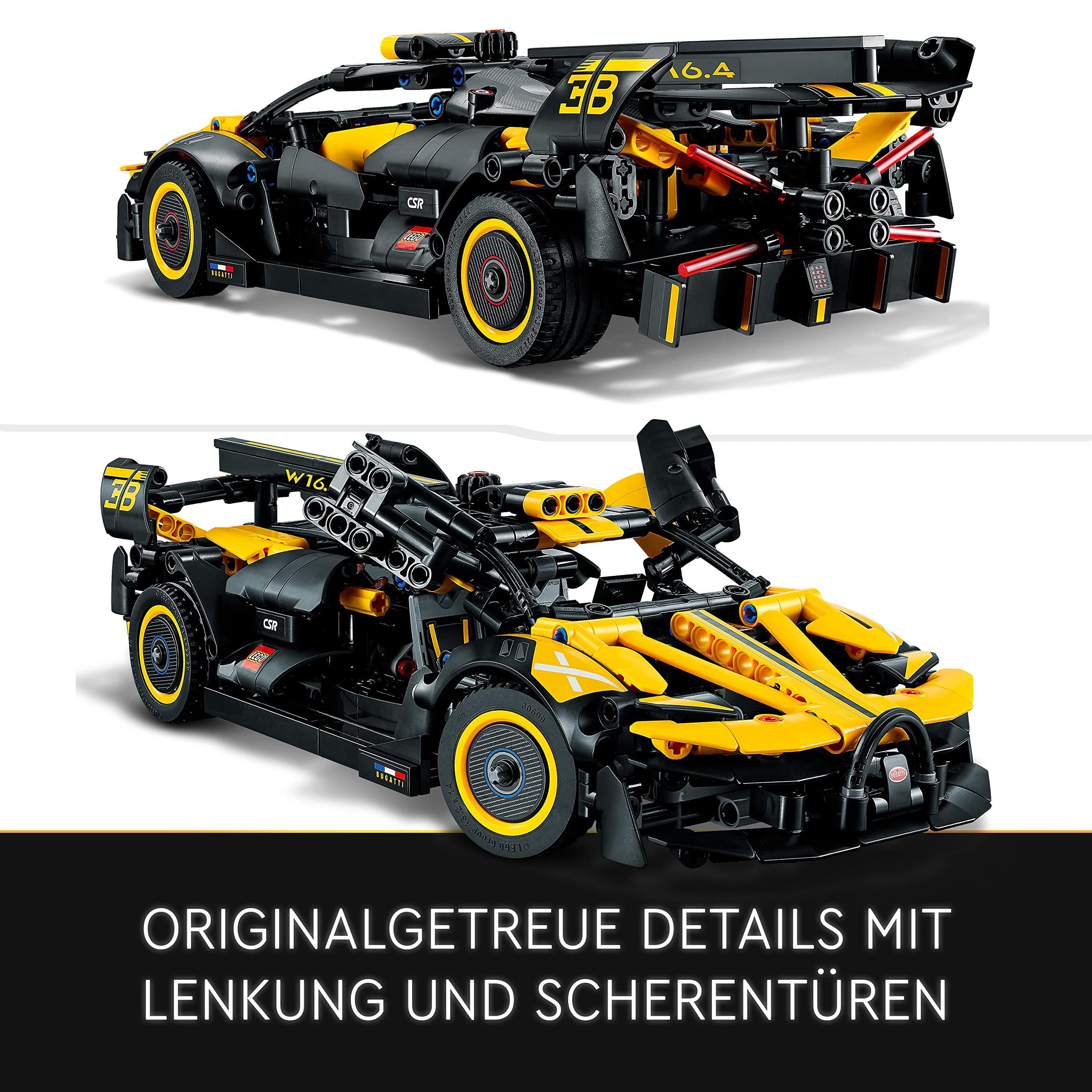 LEGO Le Bolide Bugatti set contains 905 pieces for a satisfying building challenge.