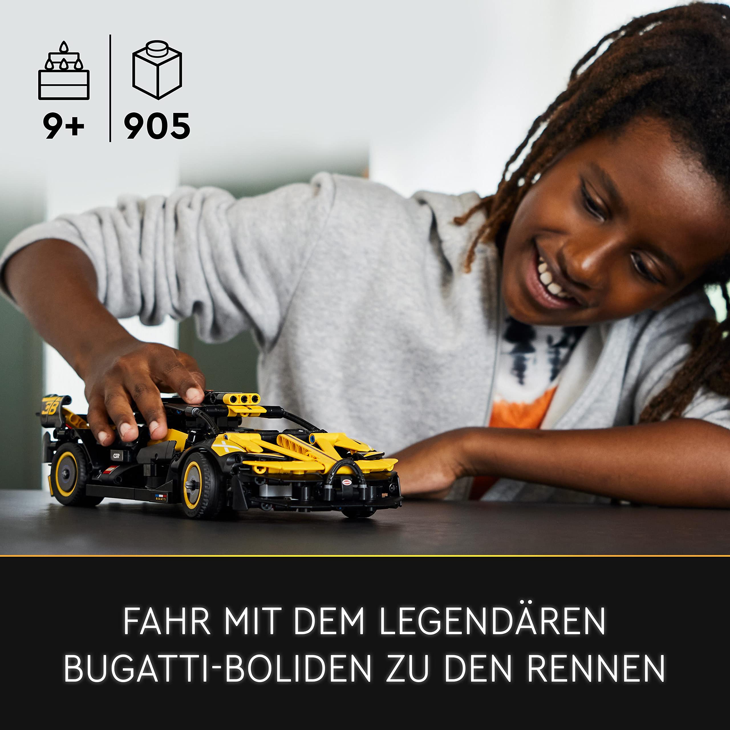 LEGO Le Bolide Bugatti model in yellow and black for bold room display.