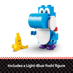 LEGO Light-blue Yoshi figure on bike enhances authenticity.