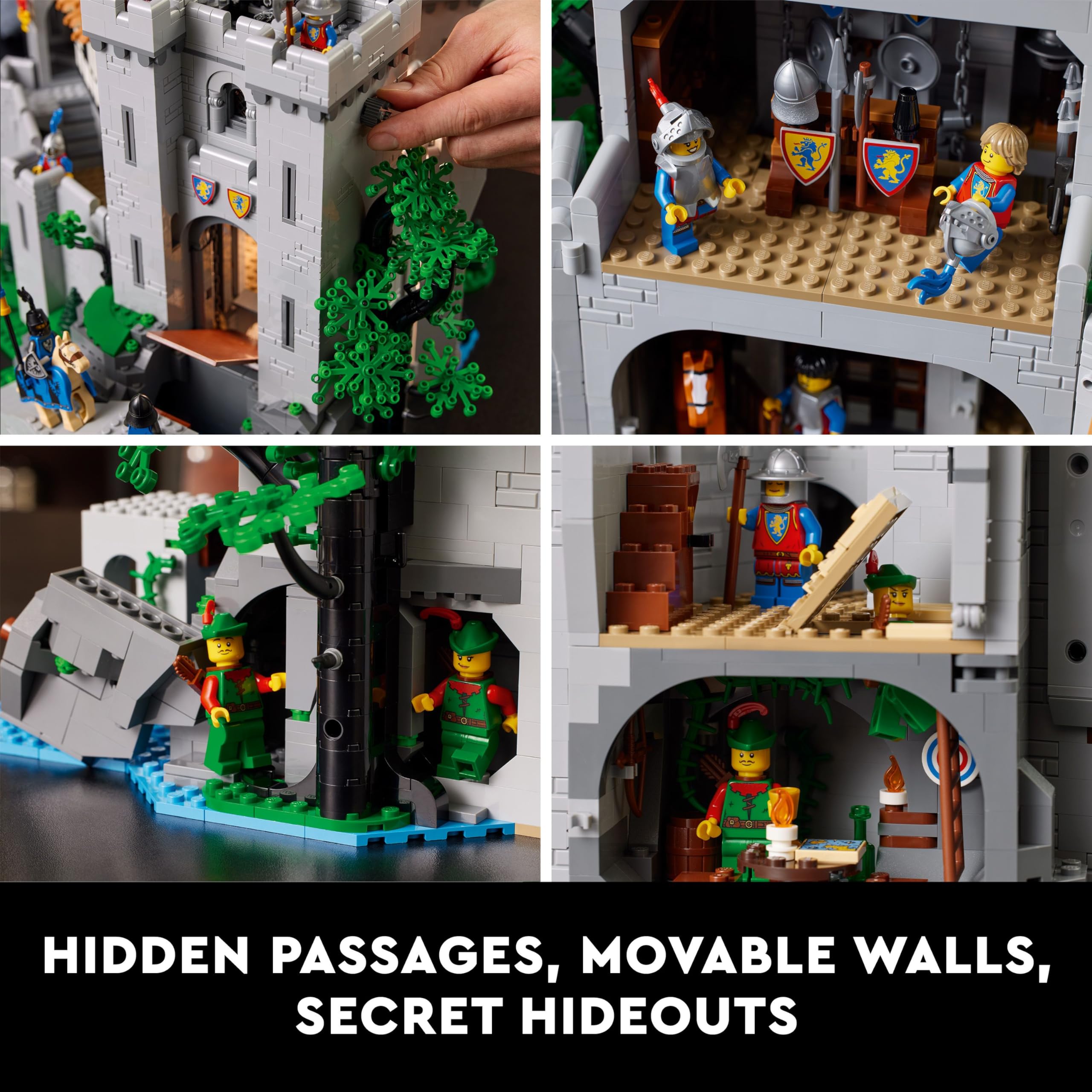 LEGO Lion Knights' Castle 10305 mill with waterwheel adds kinetic detail.
