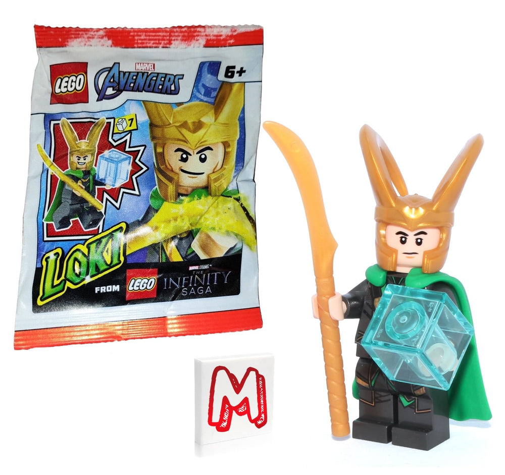 LEGO Loki minifigure with gold staff for Marvel display and play