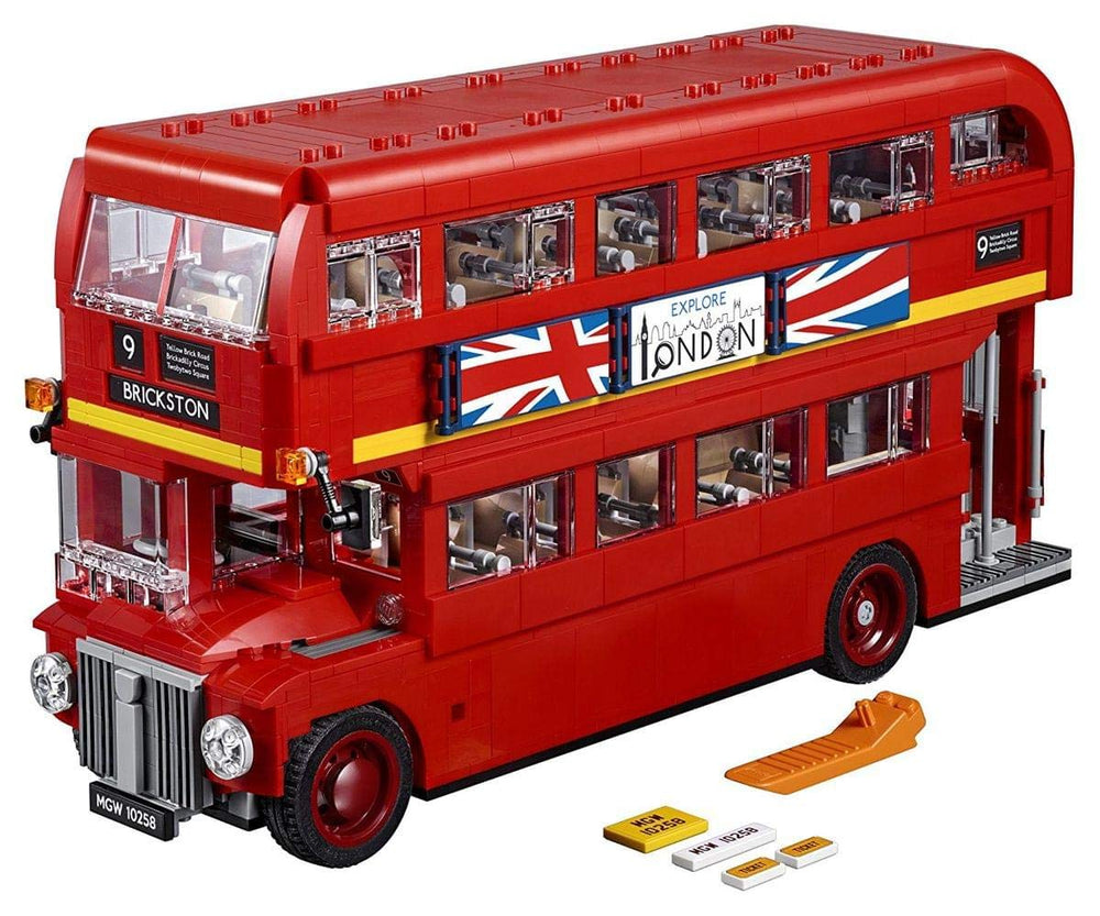 LEGO London Bus 10258 front view highlighting iconic red exterior for display