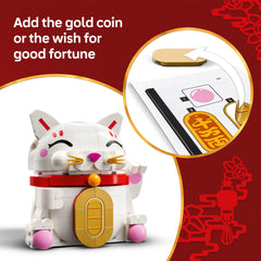 LEGO Lucky Cat wish panel showcasing a written fortune for display