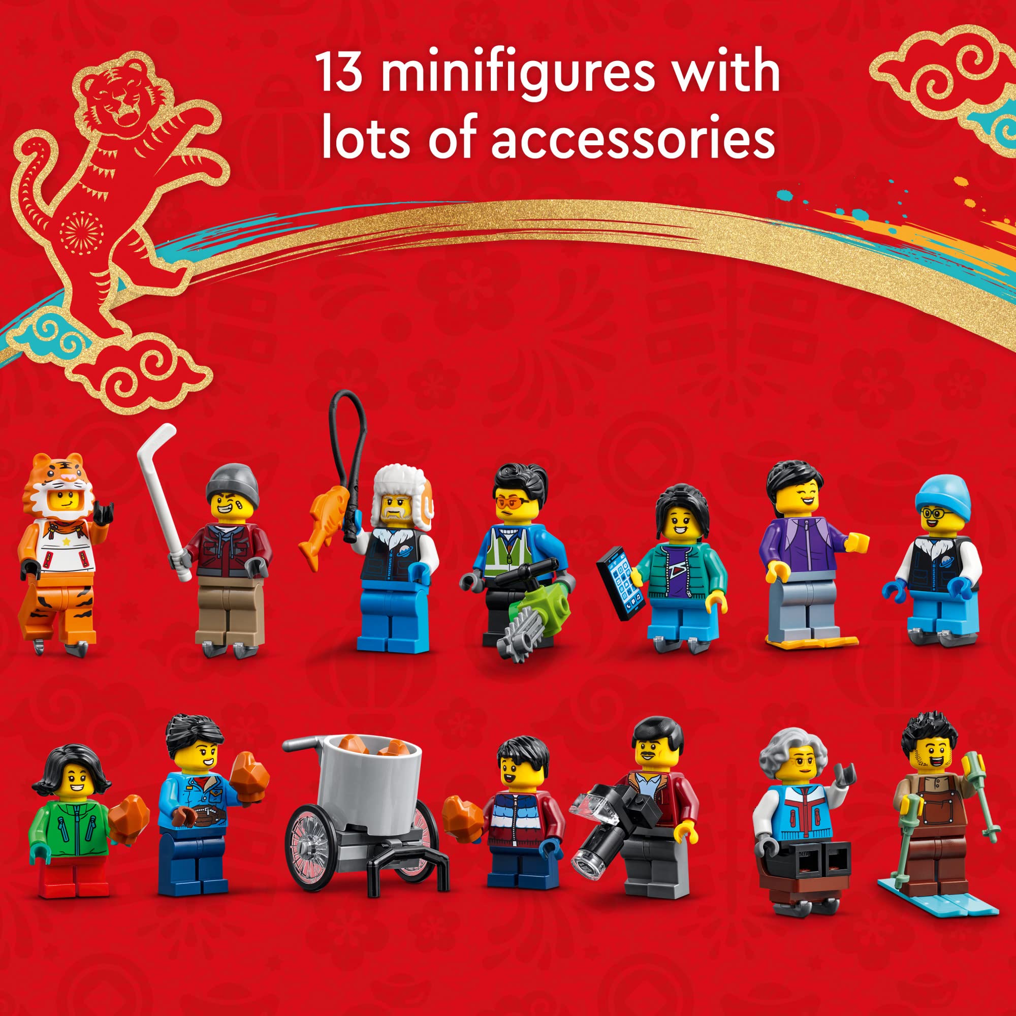 LEGO Lunar New Year Ice Festival 80109 includes 13 minifigures for varied role-play.