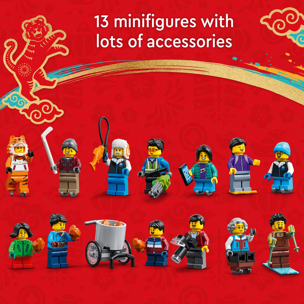 LEGO Lunar New Year Ice Festival 80109 includes 13 minifigures for varied role-play.