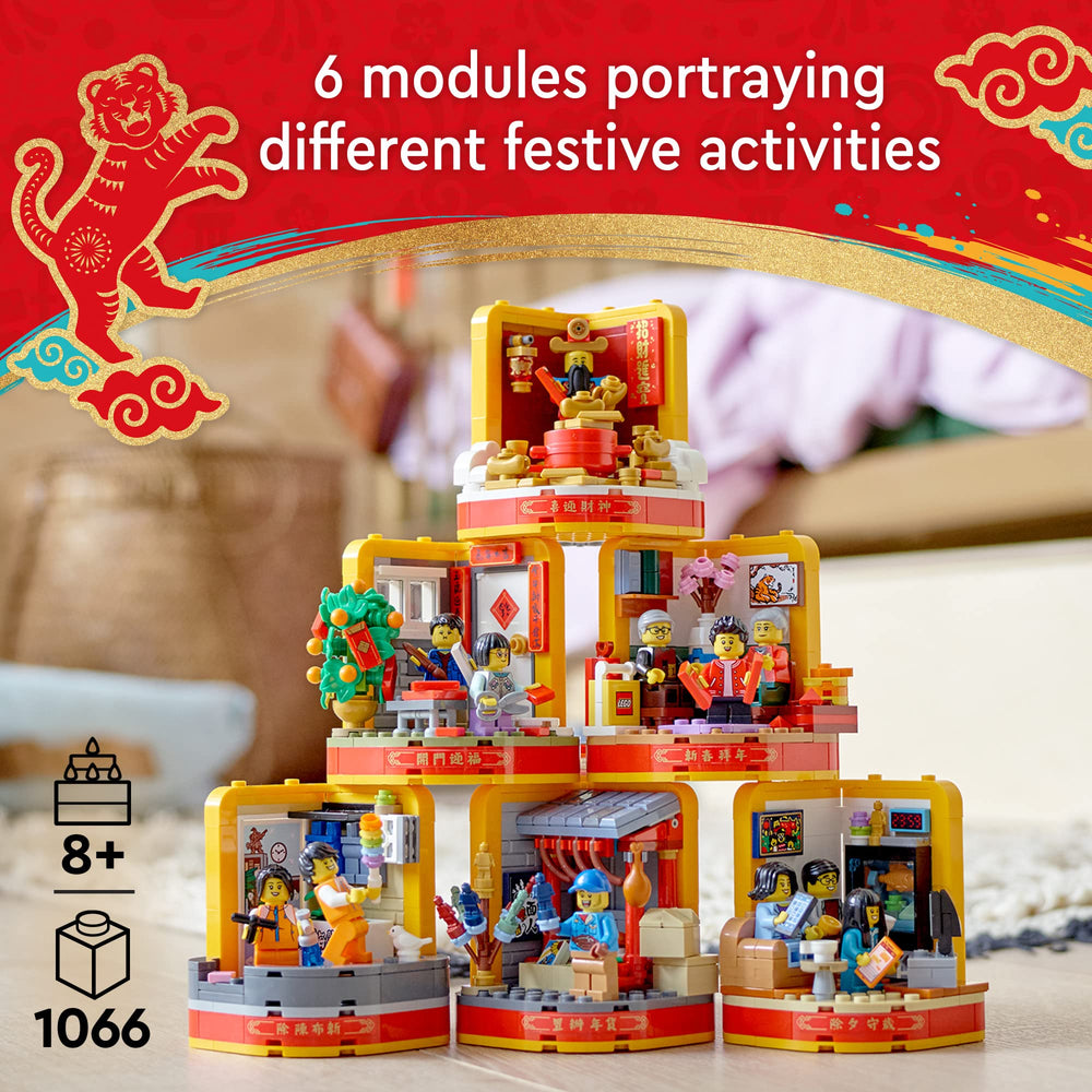 LEGO 80108 scene two showing a market stall and festive decorations for imaginative play.