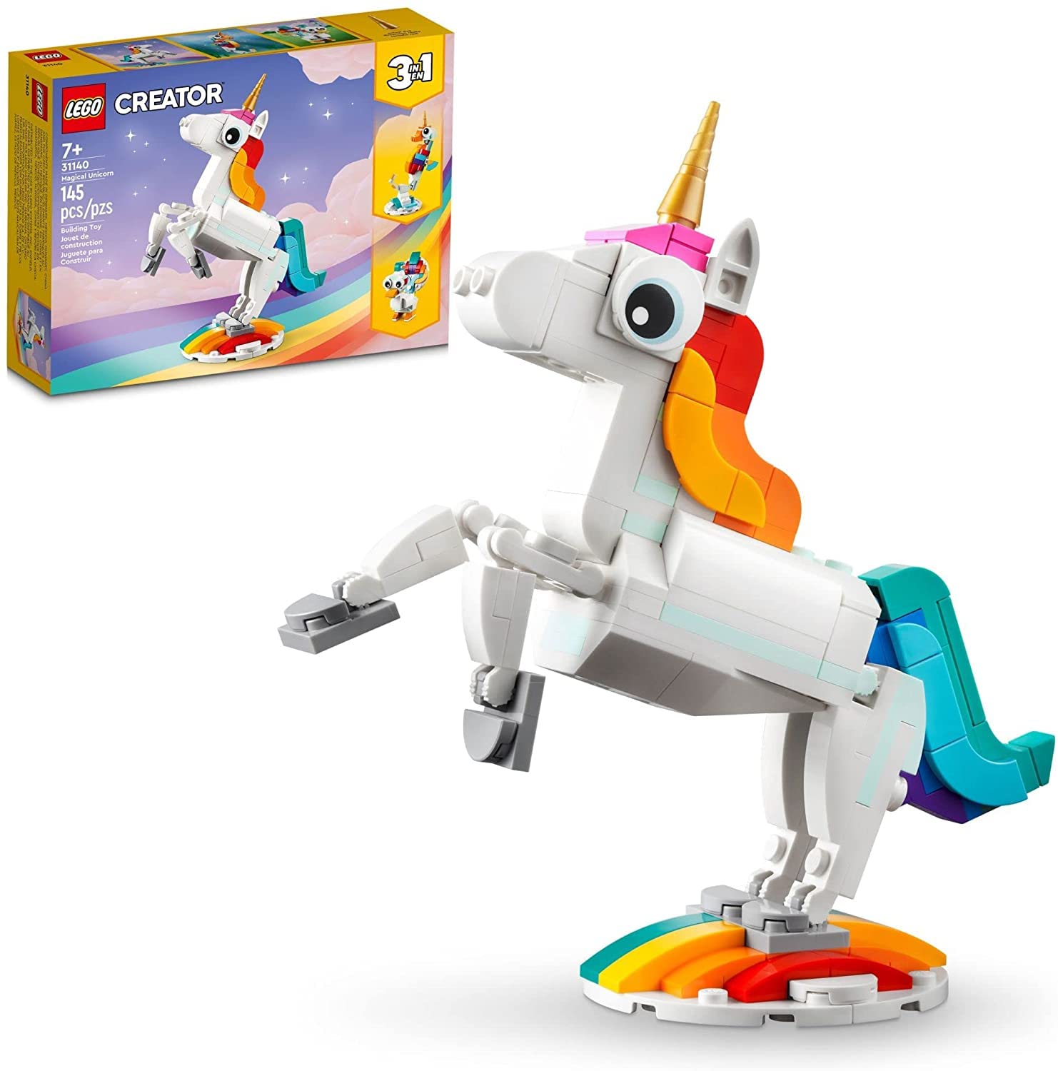 LEGO Magical Unicorn 3in1 on rainbow stand for display and imaginative play.
