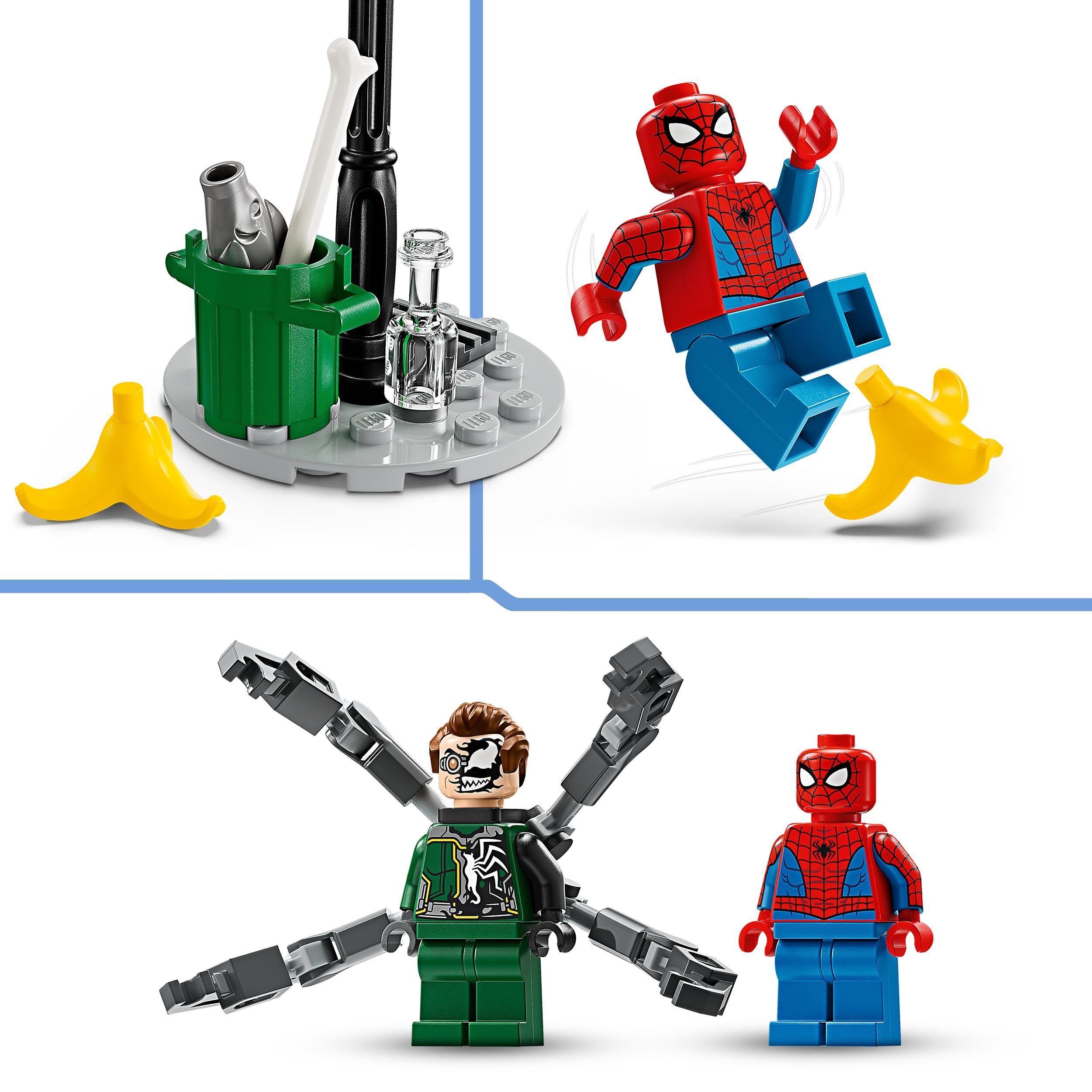 LEGO Marvel accessories scene featuring trash can, bottle, fish, bone, and banana for storytelling.