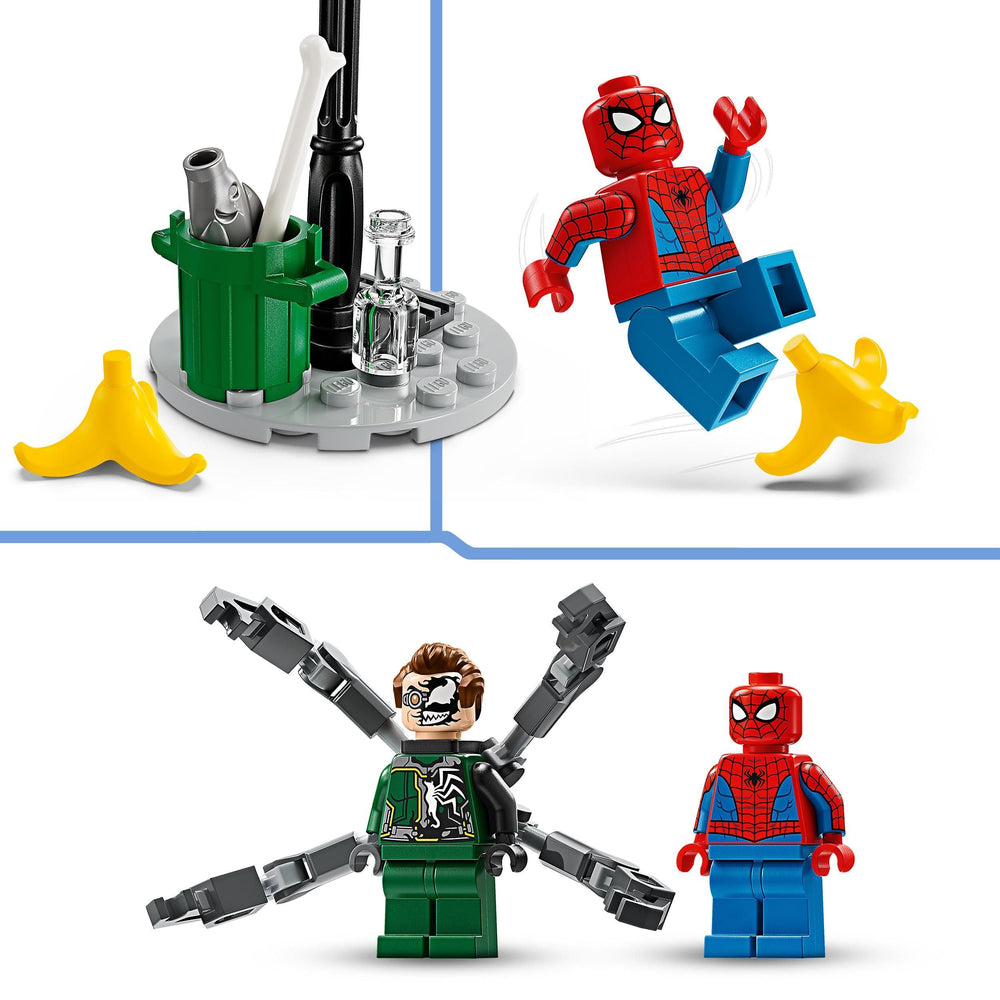LEGO Marvel accessories scene featuring trash can, bottle, fish, bone, and banana for storytelling.