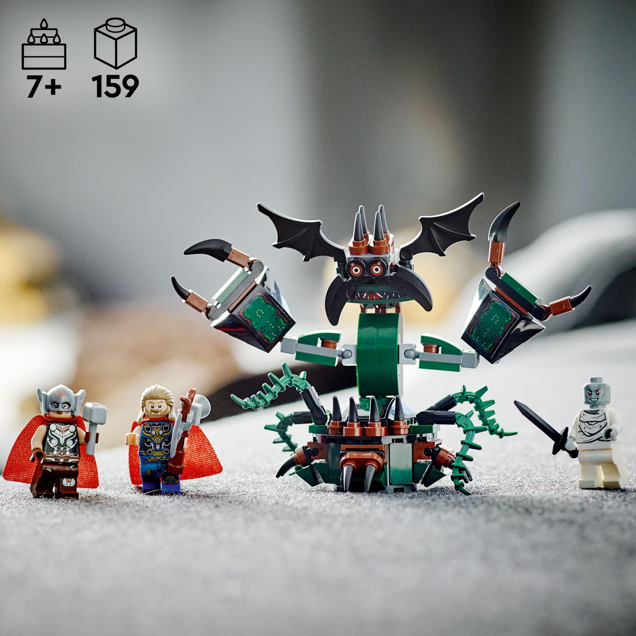 LEGO Marvel Attack on New Asgard: Minifigs Thor, Mighty Thor, and Gorr for heroic scenes