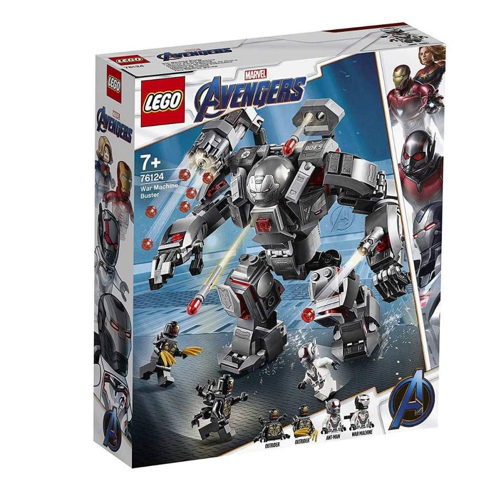 lego marvel avengers war machine buster 76124 front view shows posable mech ready for action