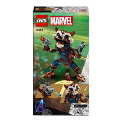 LEGO Marvel Baby Groot perched on Rocket's shoulder adds charm for storytelling.