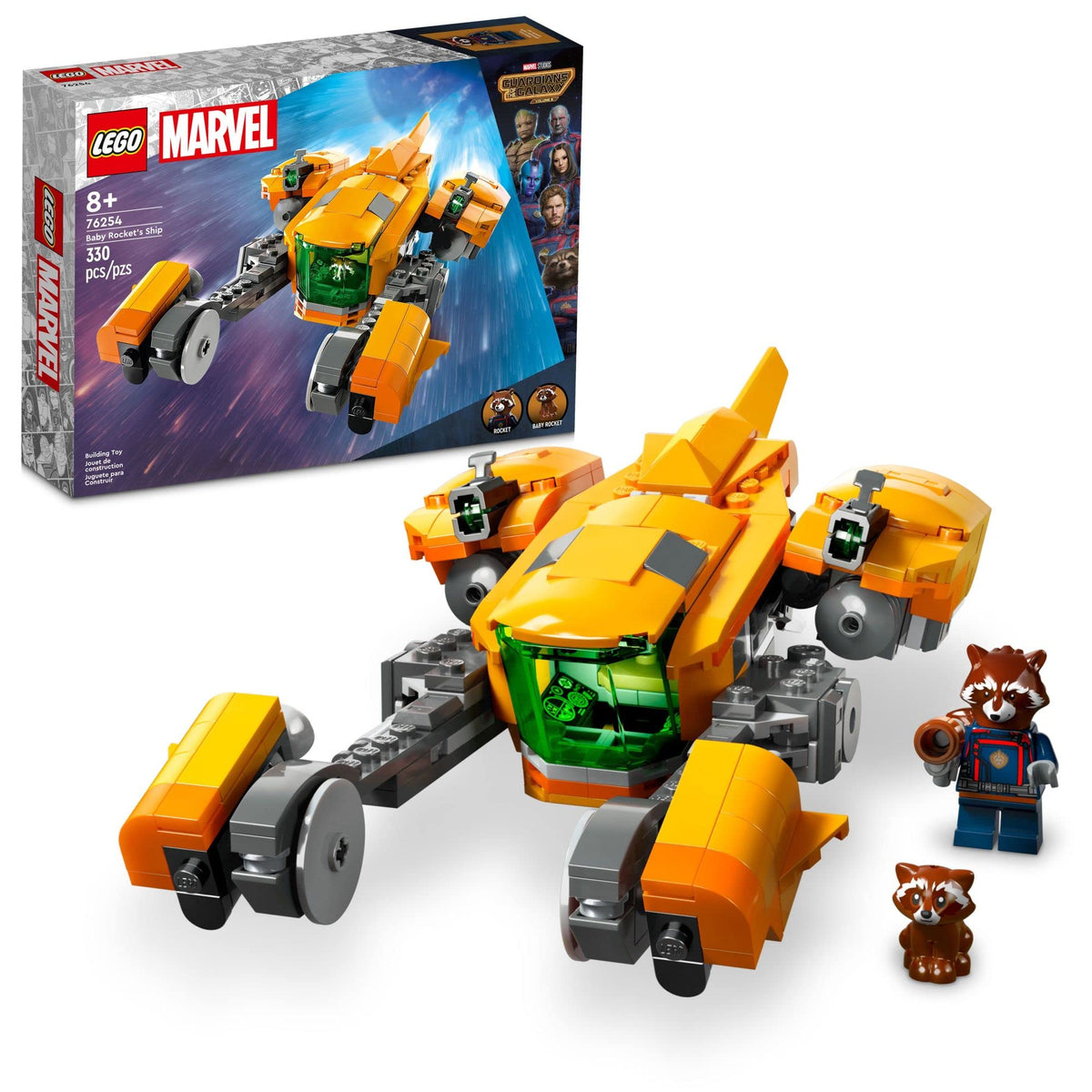 LEGO Marvel Baby Rocket’s Ship open cockpit for quick space-play adventures.