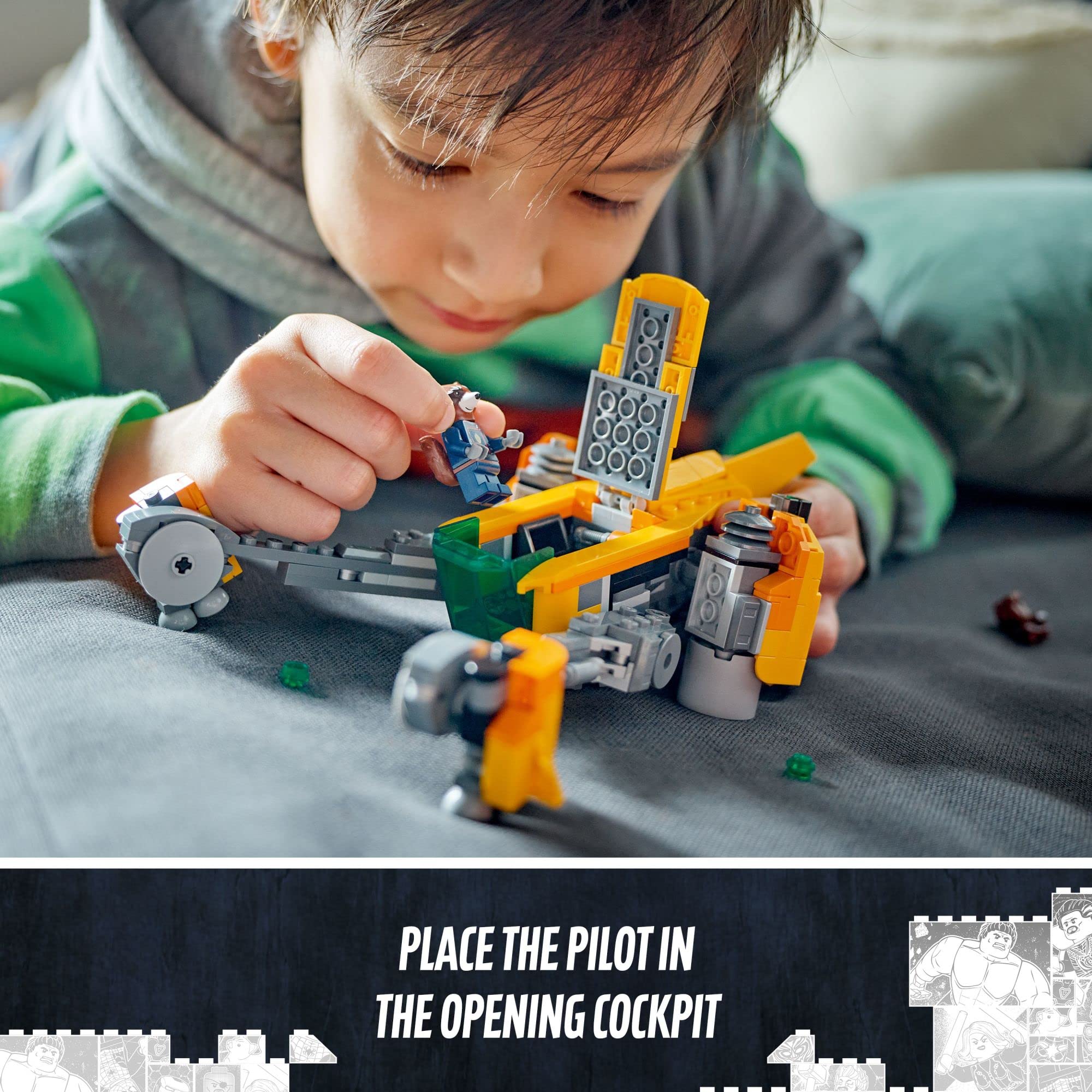 LEGO Marvel Baby Rocket’s Ship stud shooters add action-packed scenes.
