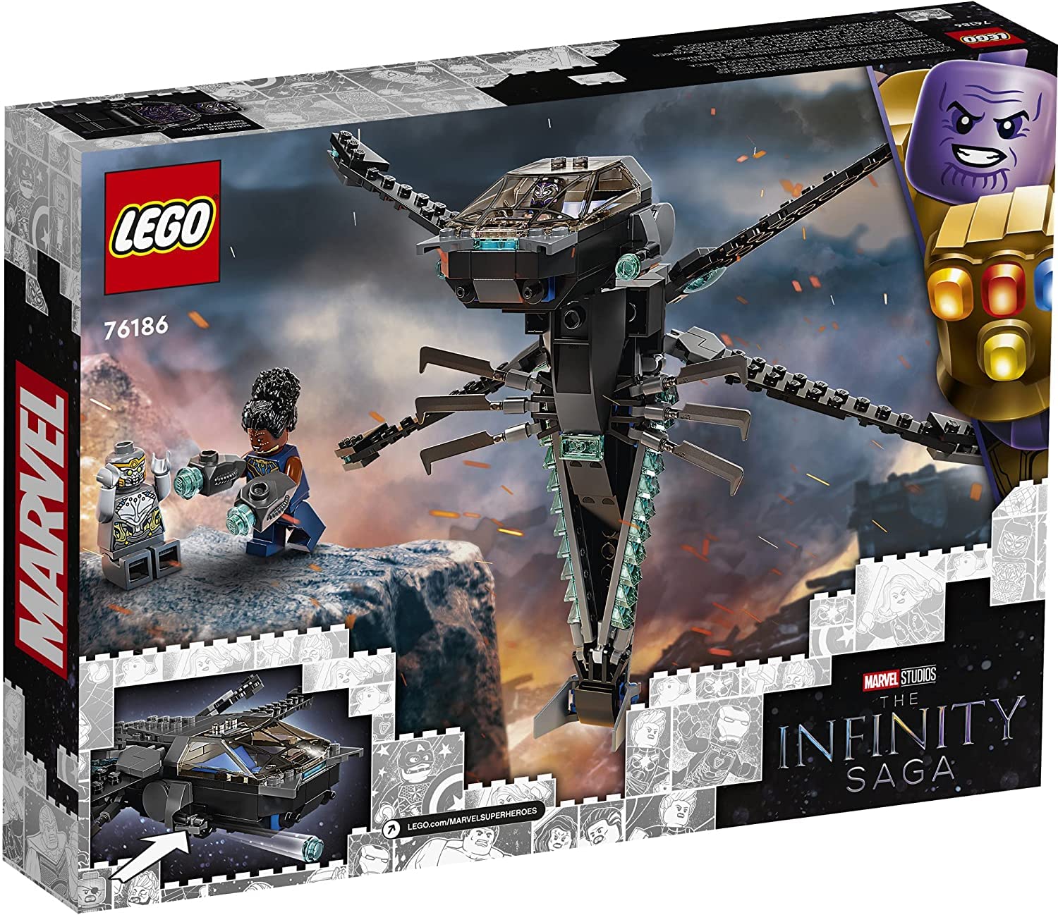 Includes Black Panther, Shuri, and Chitauri minifigures for battles