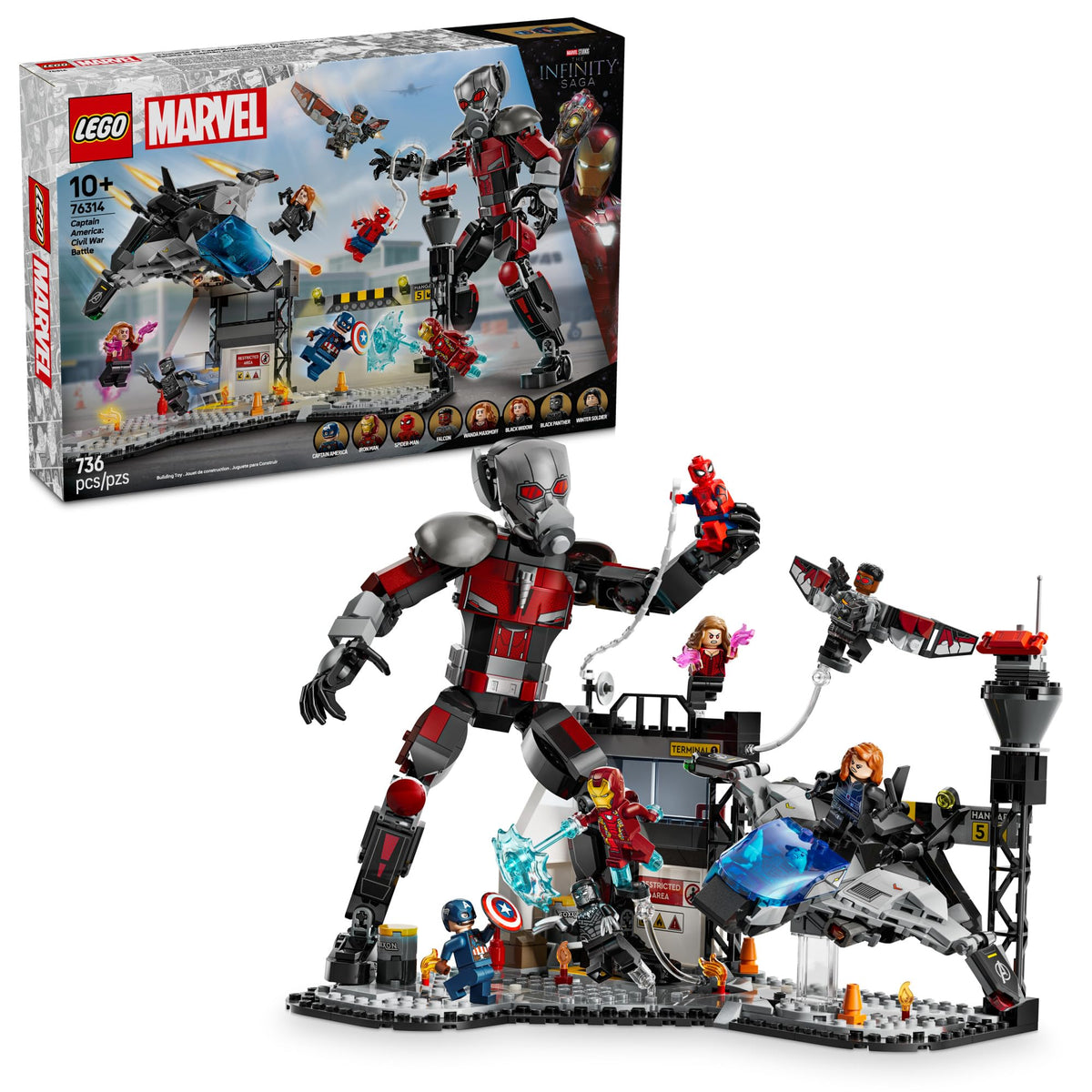 LEGO Marvel Captain America Civil War Quinjet with foldable wings for dynamic battles.