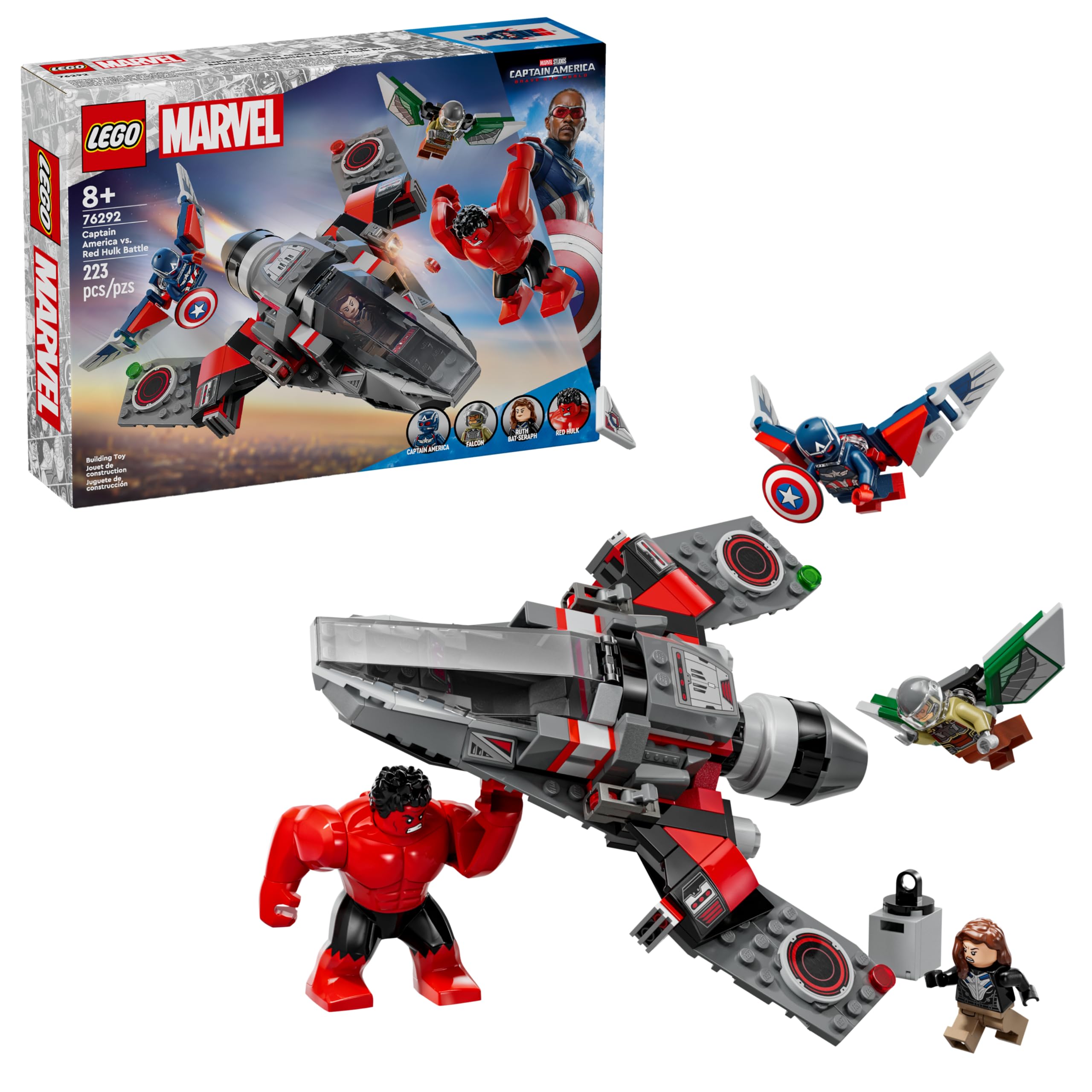 LEGO Marvel Captain America vs Red Hulk Battle jet in action for imaginative play