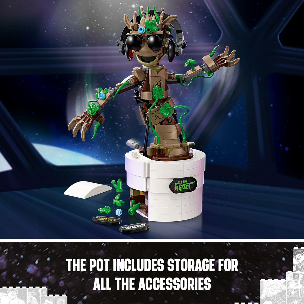 LEGO Marvel Dancing Groot accessories include headphones, sunglasses, and extra leaves.