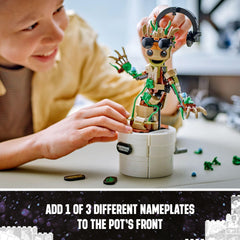 LEGO Marvel Dancing Groot stands about 8.5 inches tall for display.