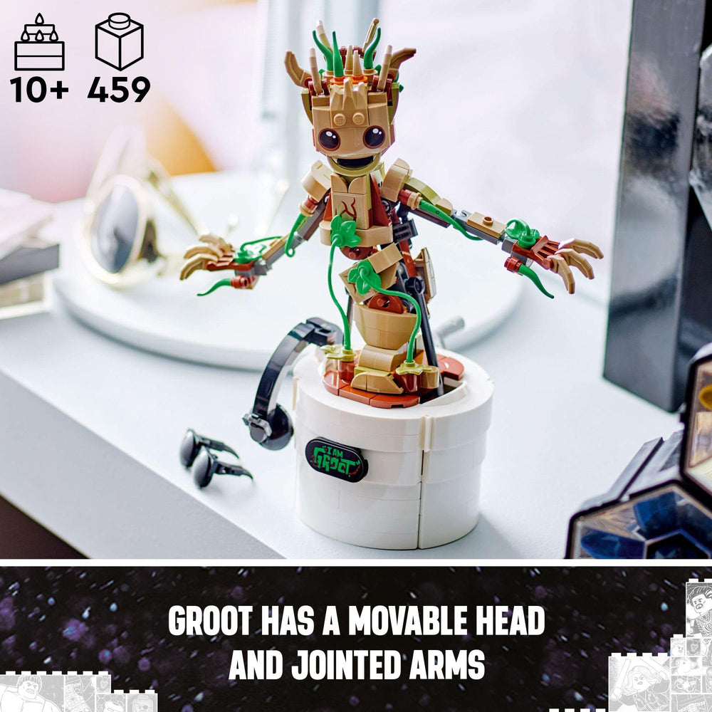 LEGO Marvel Dancing Groot nameplates front personalize the pot for different looks.
