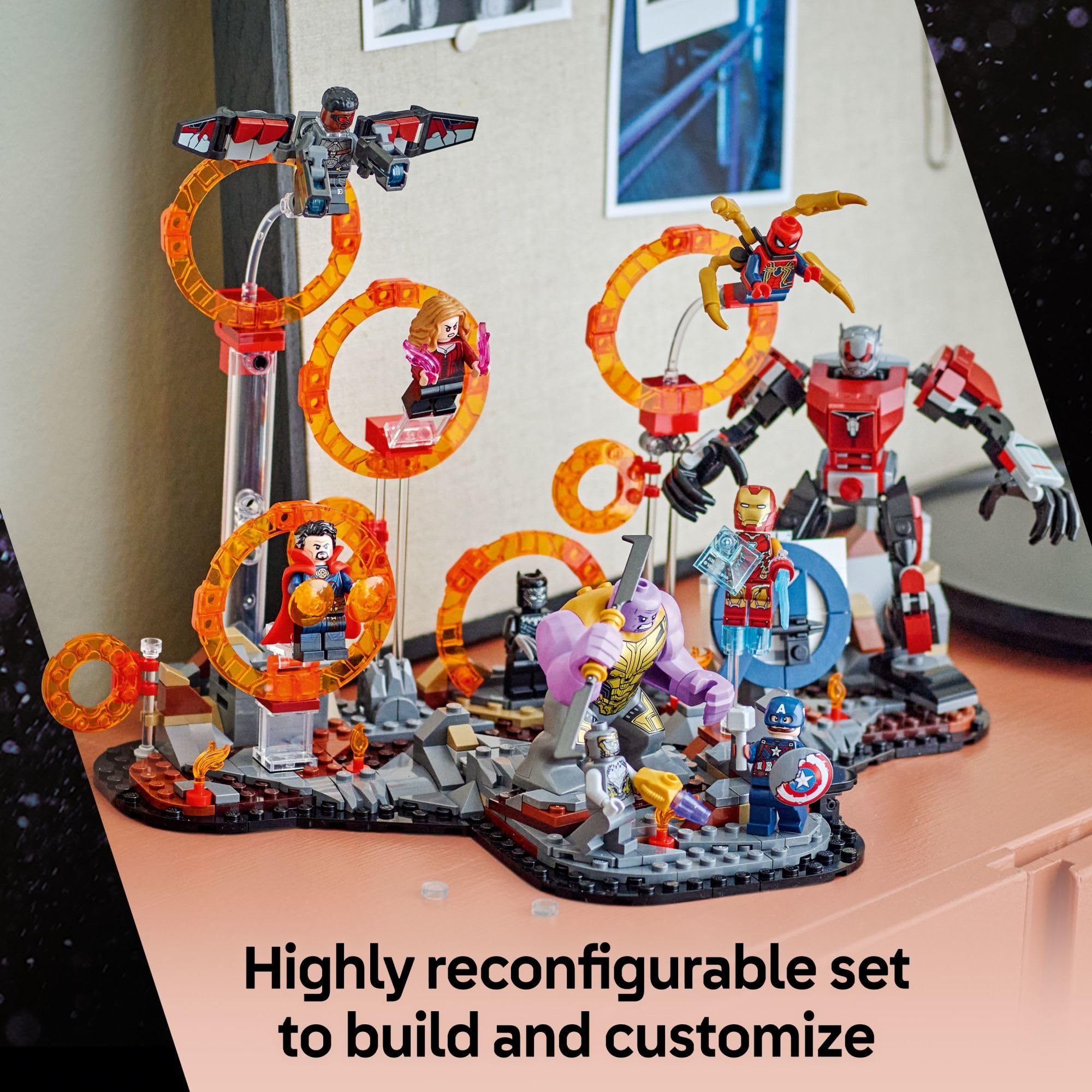 LEGO sling ring portals enabling inter-dimensional travel in battle scene