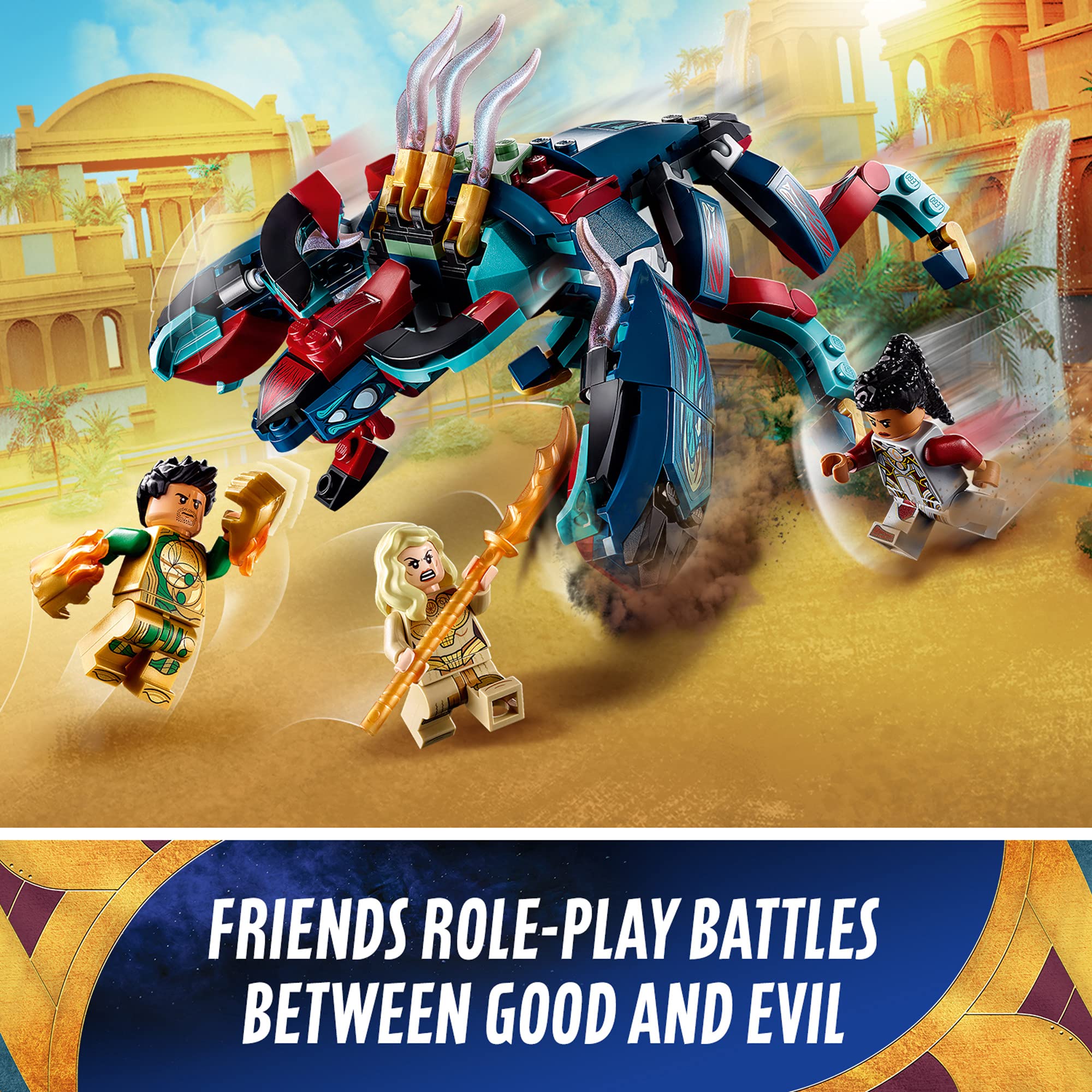 LEGO Marvel Eternals battle setup inspires cooperative play and teamwork.