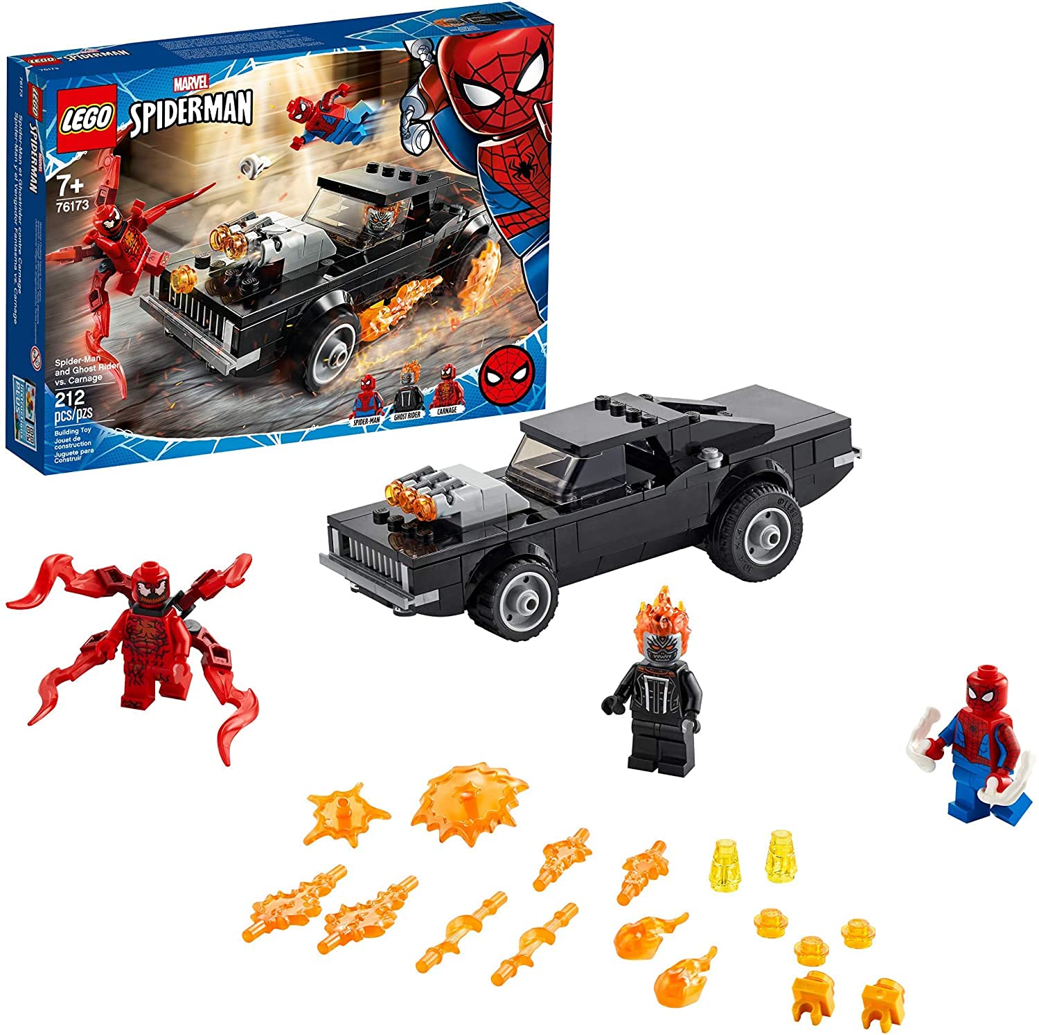 LEGO Marvel Ghost Rider car with removable roof and flames for dramatic storytelling.