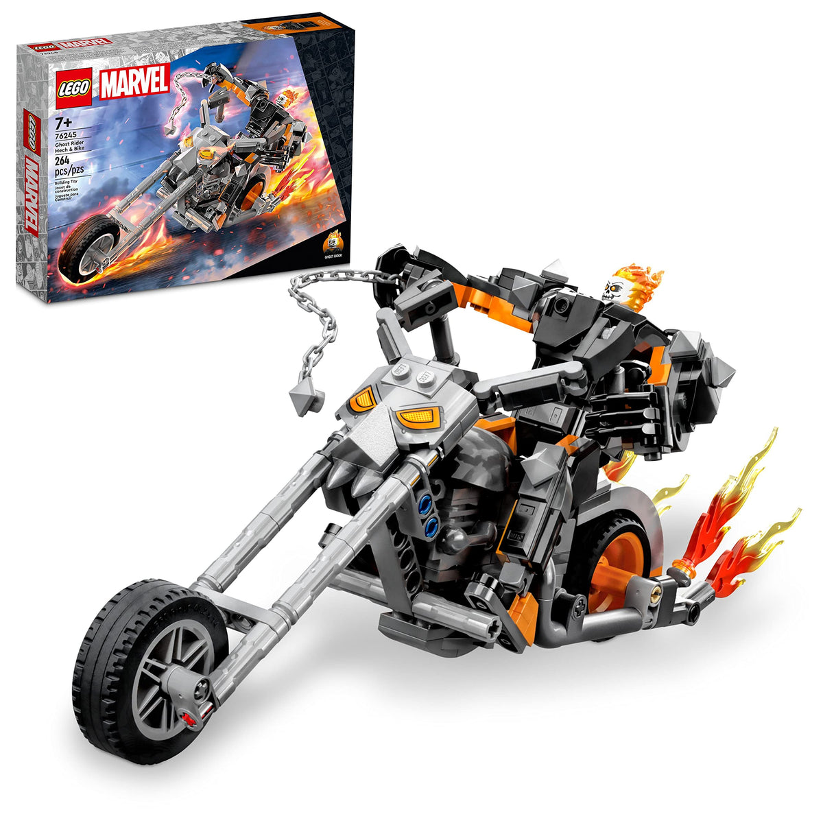 LEGO Marvel Ghost Rider mech with poseable limbs for dynamic play.