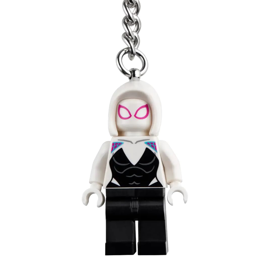 LEGO Marvel Ghost-Spider key chain on a school backpack for quick reach.