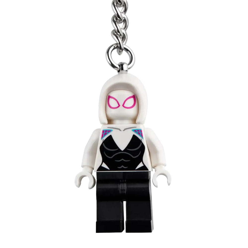 LEGO Marvel Ghost-Spider key chain on a school backpack for quick reach.
