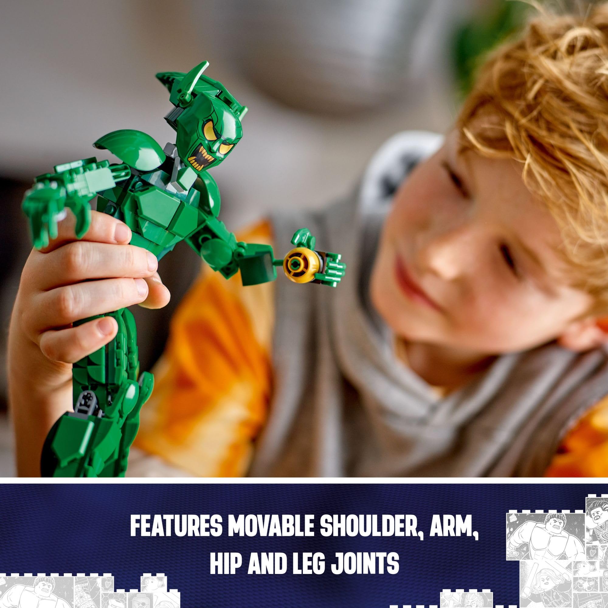 Closeup of LEGO Marvel Green Goblin construction figure detailing vivid armor and accessories.