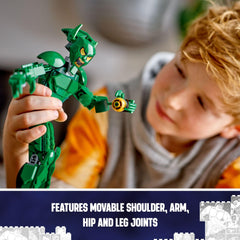 Closeup of LEGO Marvel Green Goblin construction figure detailing vivid armor and accessories.