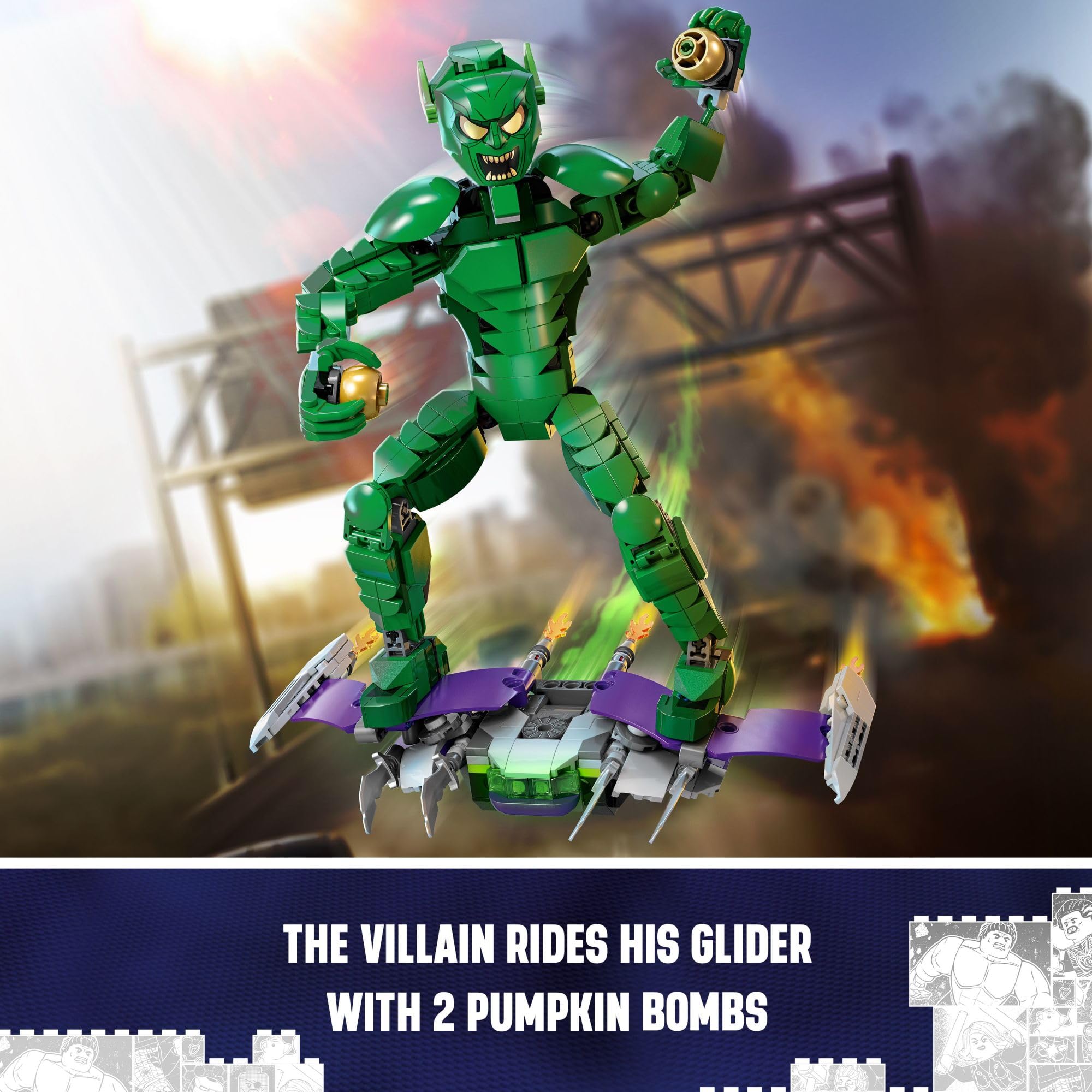 LEGO Marvel Green Goblin construction figure assembly showcase with movable joints.