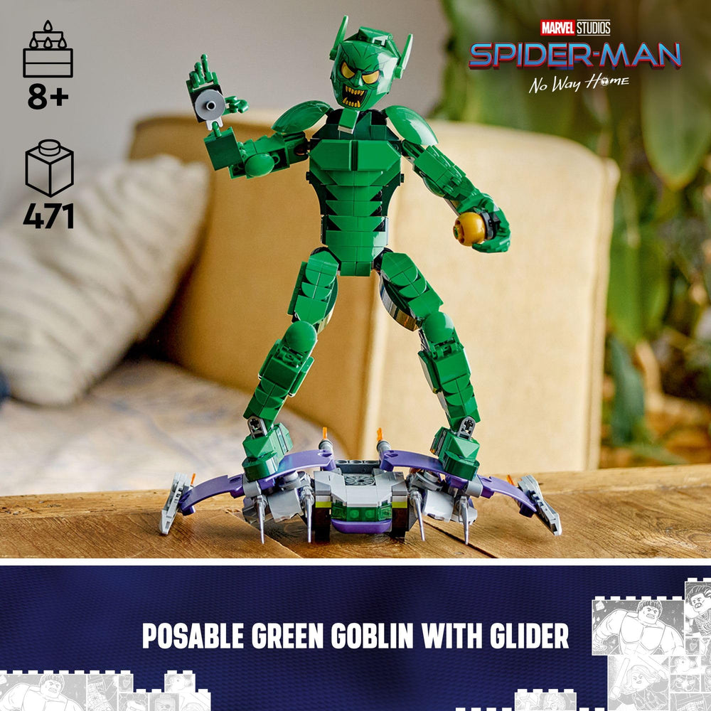 LEGO Marvel Green Goblin construction figure holding pumpkin bombs for action-packed storytelling.