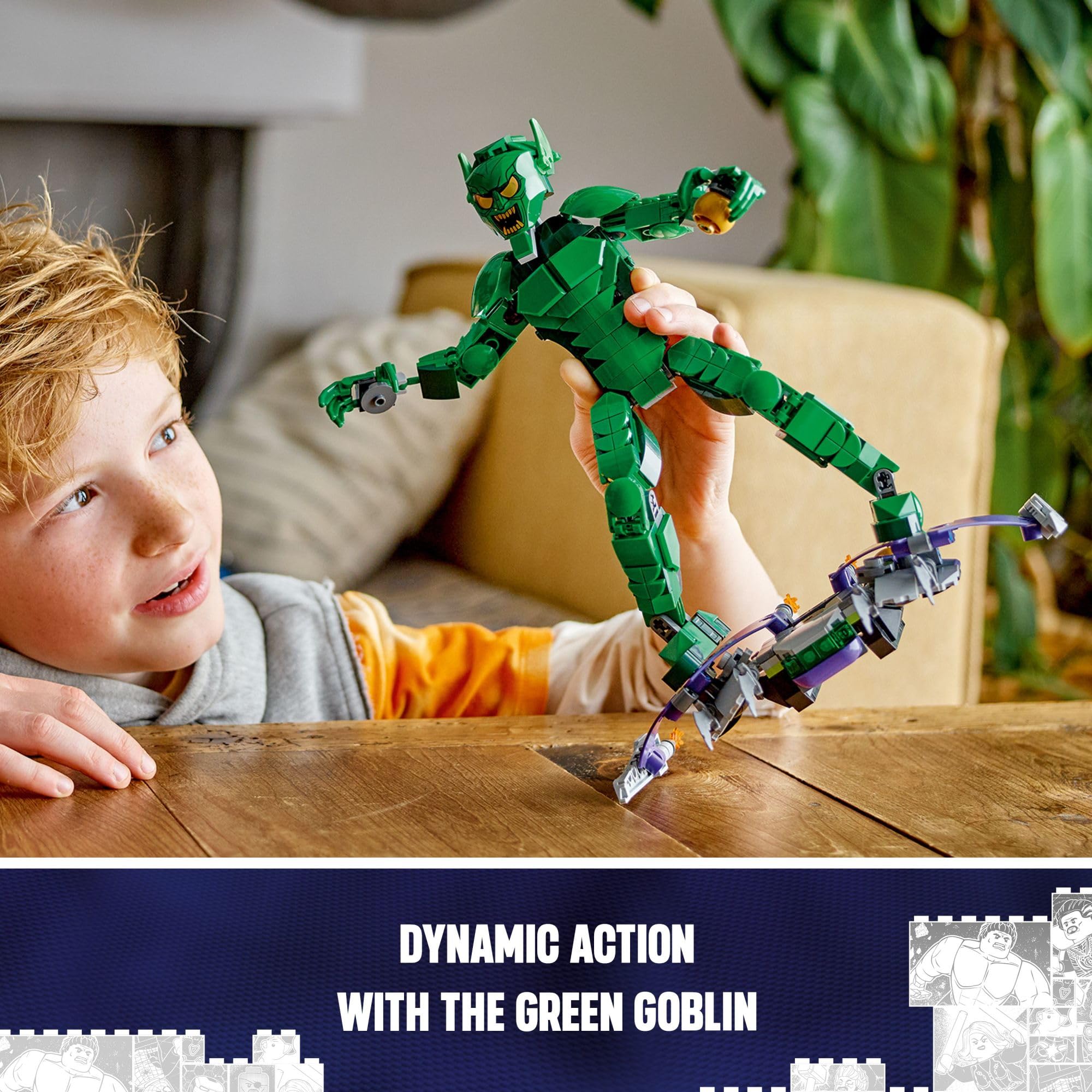 LEGO Marvel Green Goblin construction figure packaged as a gifting option for Marvel fans.