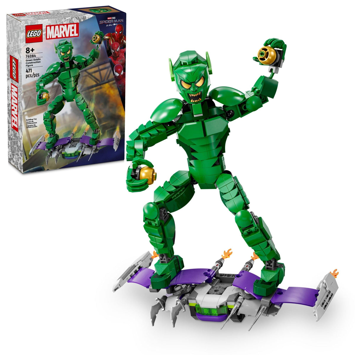 LEGO Marvel Green Goblin construction figure with glider in dynamic pose for imaginative play.