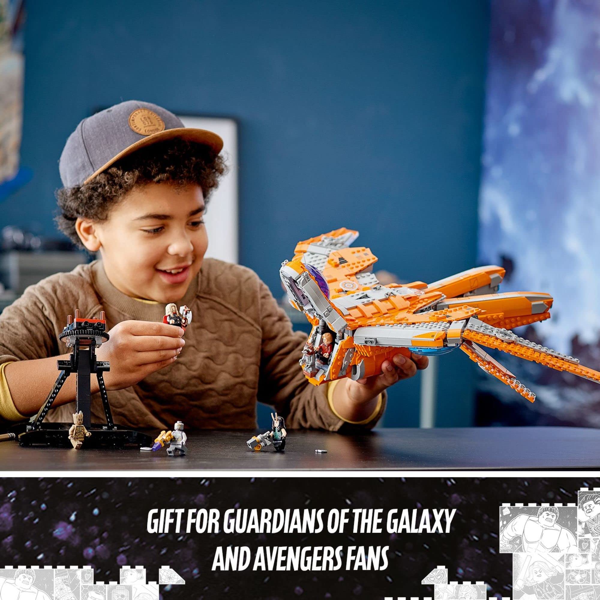 LEGO Guardians ship minifigures include Star-Lord, Groot, Rocket, Mantis, Thor, and a Chitauri warrior.