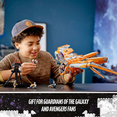 LEGO Guardians ship minifigures include Star-Lord, Groot, Rocket, Mantis, Thor, and a Chitauri warrior.