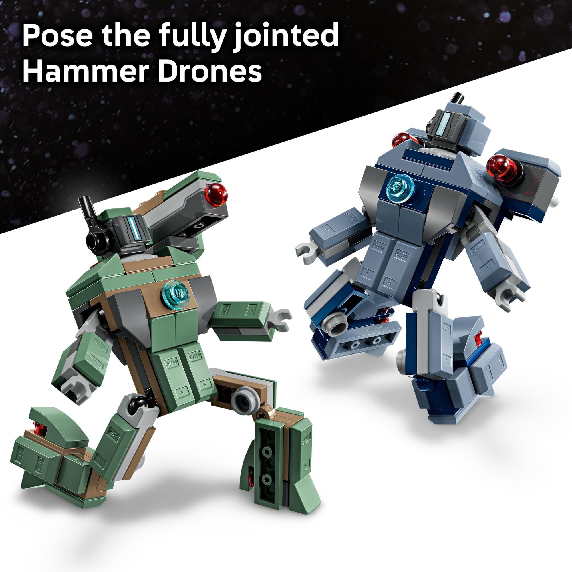 LEGO Hammer Drone with shoulder shooter for dynamic defense poses