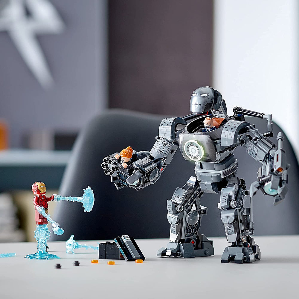 LEGO Marvel Iron Man Monger Mech minifigs battle setup with Pepper