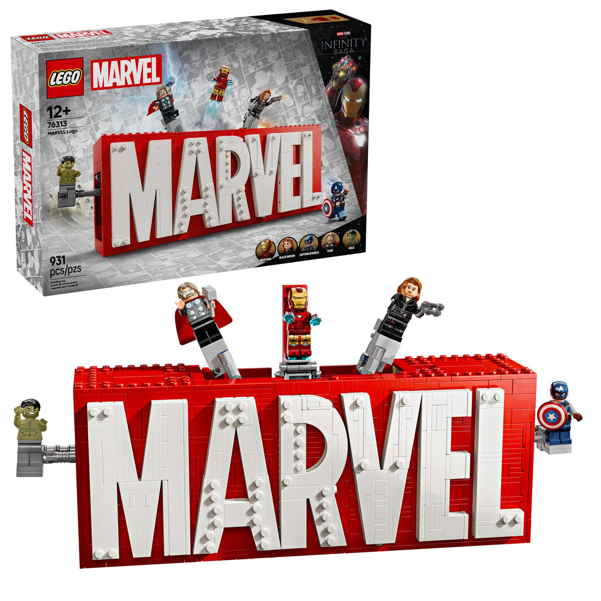 LEGO Marvel MARVEL logo display with minifigures, ideal for shelf display and hero-themed storytelling.