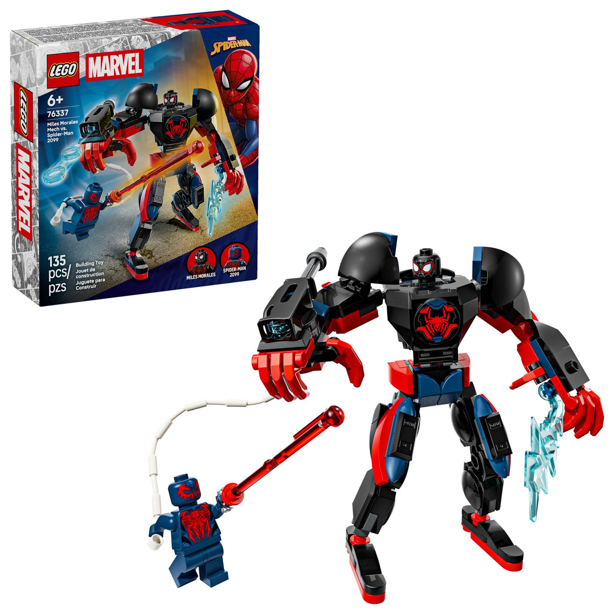 LEGO Marvel Miles Morales Mech vs Spider-Man 2099 assembly view for creative play and learning