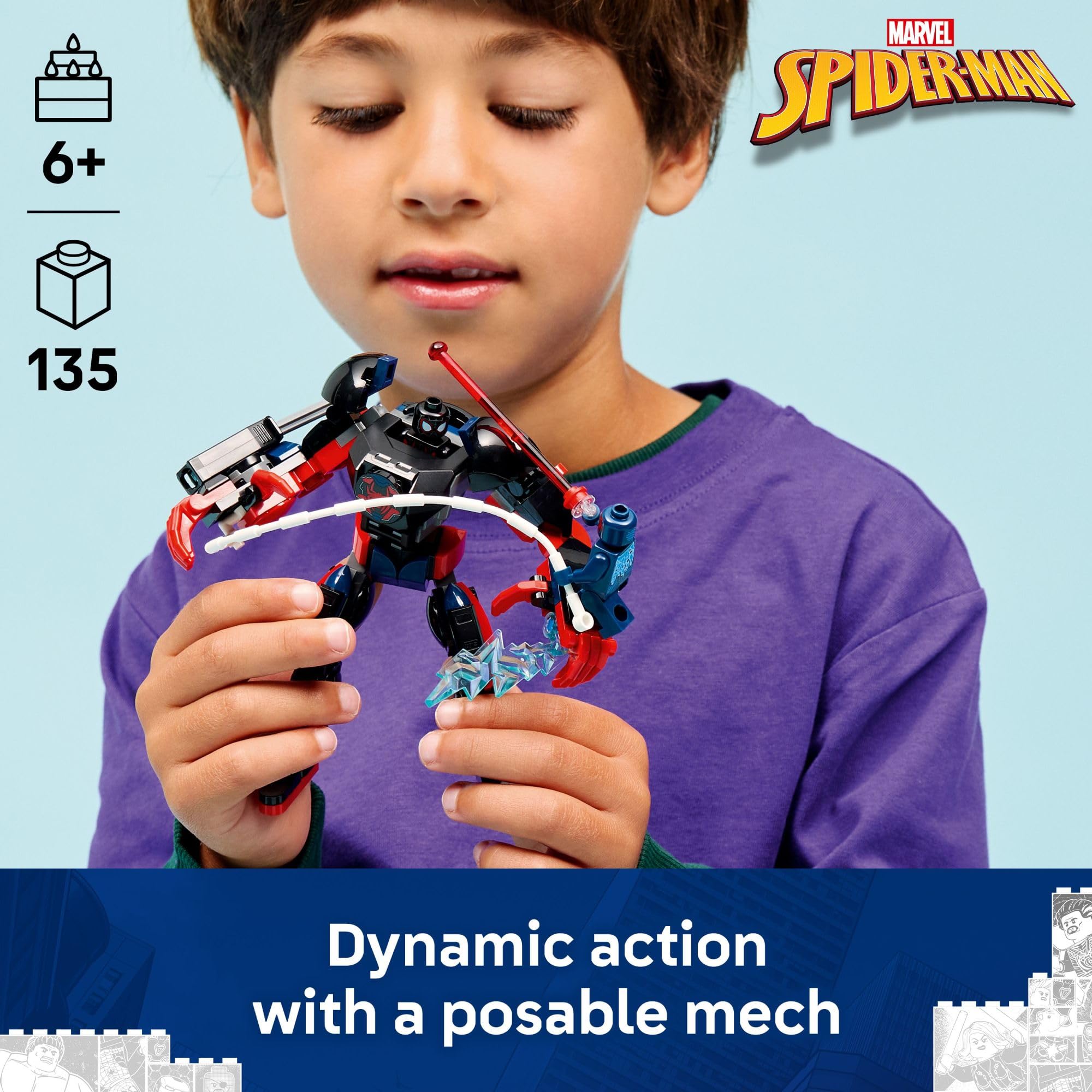 LEGO Marvel Miles Morales Mech vs Spider-Man 2099 minifigs ready for action