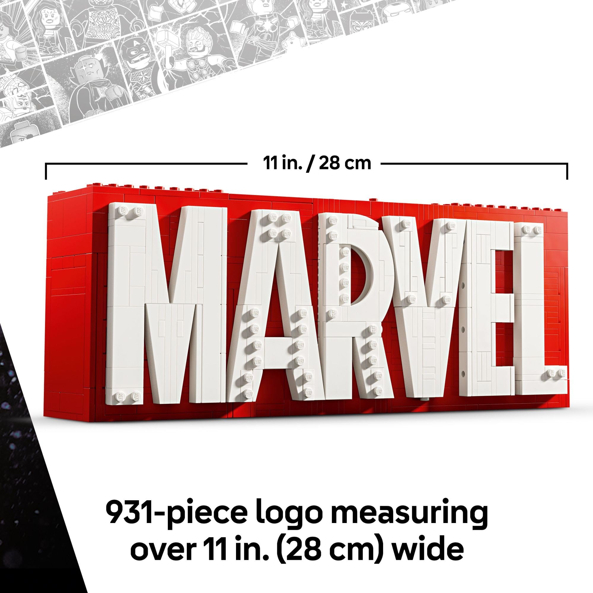 Three top buttons on the MARVEL logo model triggering dramatic figure bursts.