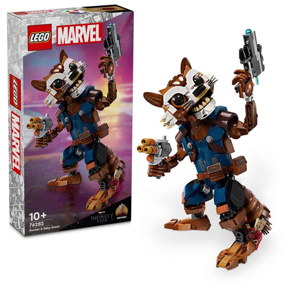 LEGO Marvel Rocket and Baby Groot buildable figure ready for display.