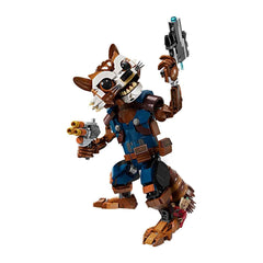 LEGO Marvel Rocket figure with shooter and Baby Groot on shoulder for display.