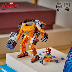 LEGO Marvel Rocket Mech Armor cockpit open demonstrates interactive minifigure access