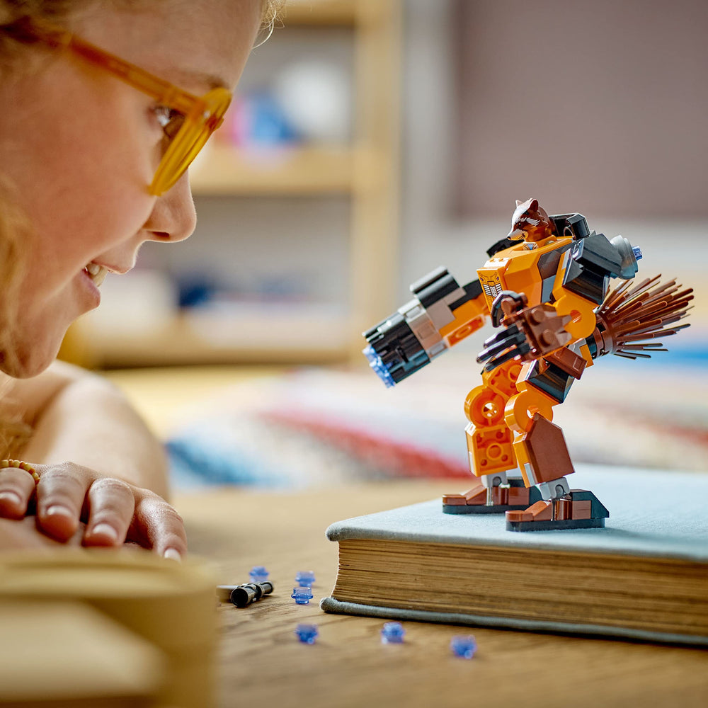 LEGO Marvel Rocket Mech Armor rocket minifigure fits inside cockpit for action